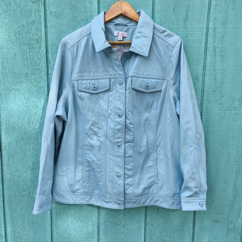 Denim and Co 100% Leather Butter Soft Chore Field Jacket sz 1X Light Blue